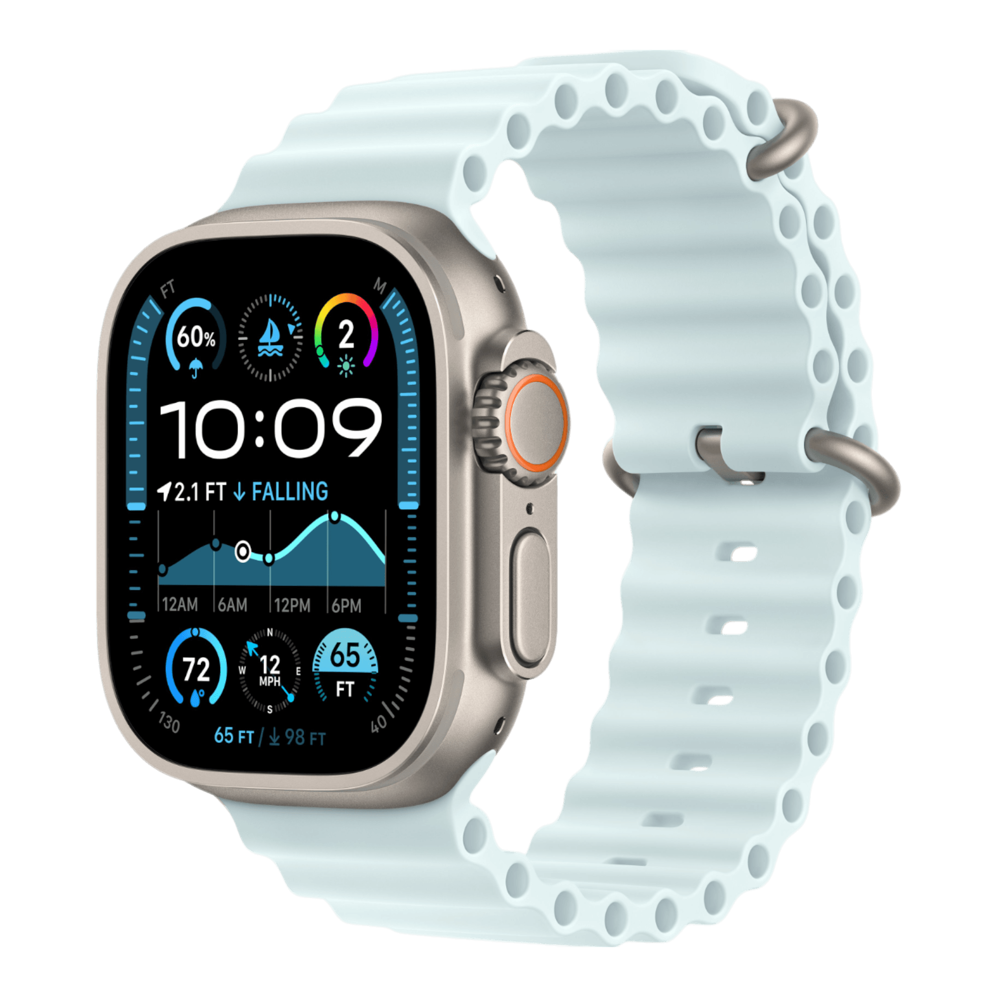 Apple Watch Ultra 2 GPS + Cellular, 49mm Natural Titanium Case with Ice Blue Ocean Band - alAsil